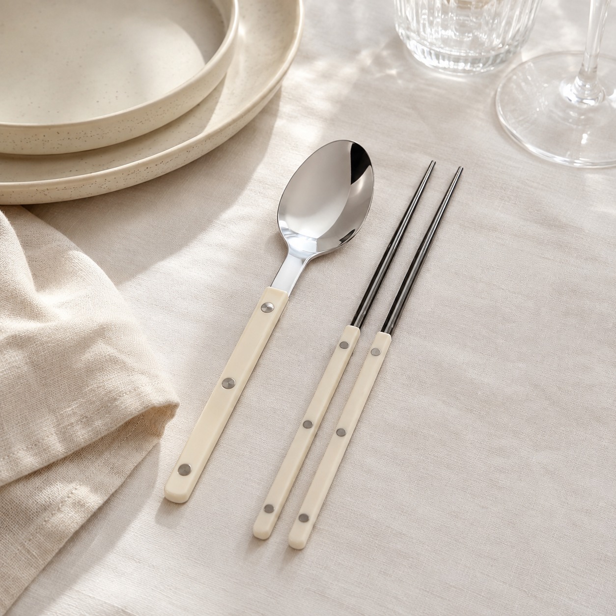 Sabre Bistro Spoon & Chopstick Set — 18/10 Stainless Steel, Ivory